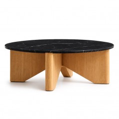 Stolik kawowy Prestige 90 cm – kamień naturalny i dąb – MESTIERE